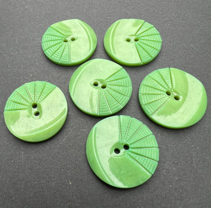6 Pea Green 1930s Moulded and Carved Casein 2.2cm or 1.6cm Buttons