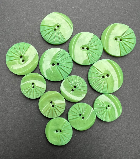 6 Pea Green 1930s Moulded and Carved  2.2cm or 1.6cm Buttons
