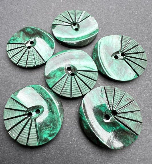 6 Forest Green 1930s Moulded and Carved  2.2cm Buttons