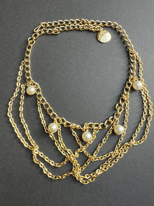 Cascading 1980s Faux Pearl and Gold Chain Necklace