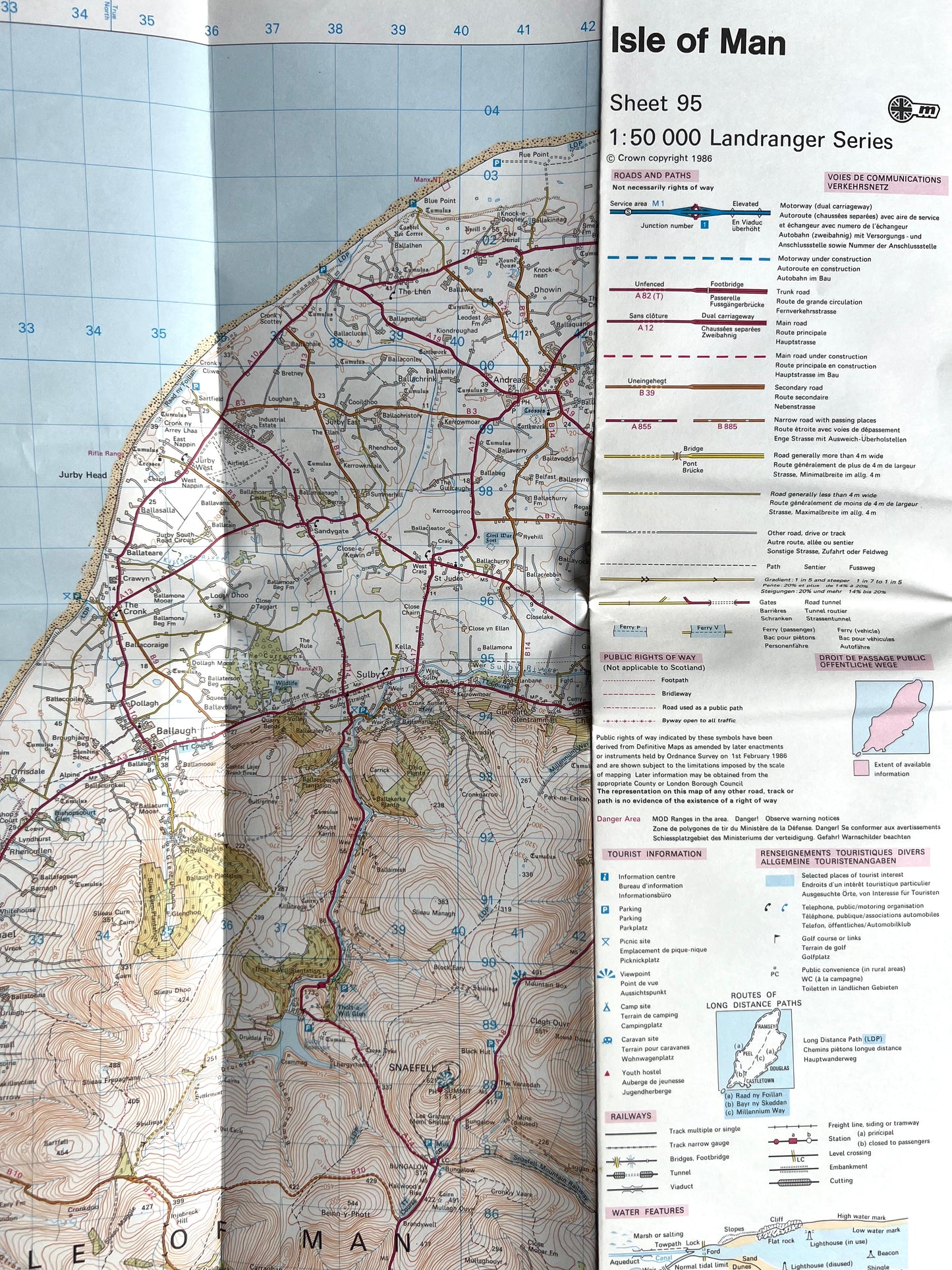 1986 or 1994 ORDNANCE SURVEY Map of Isle of Man. SHEET 95.