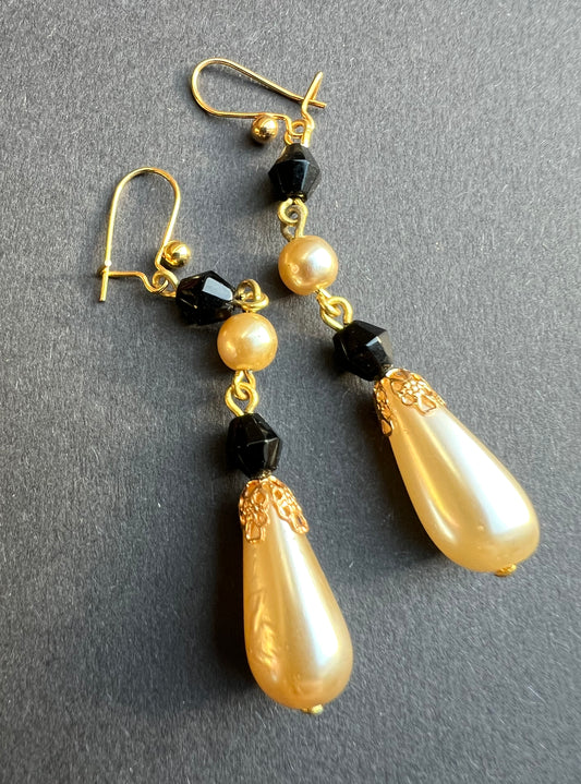 1980s Faux Pearl and Onyx Earrings