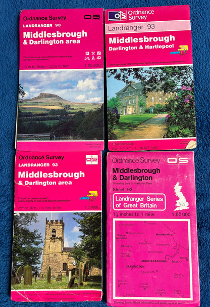 1983, 1985, 1991, 1995, or 1997 ORDNANCE SURVEY Map of MIDDLESBROUGH & DARLINGTON and Surrounding Area. SHEET 93.