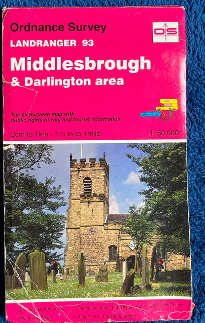 1983, 1985, 1991, 1995, or 1997 ORDNANCE SURVEY Map of MIDDLESBROUGH & DARLINGTON and Surrounding Area. SHEET 93.