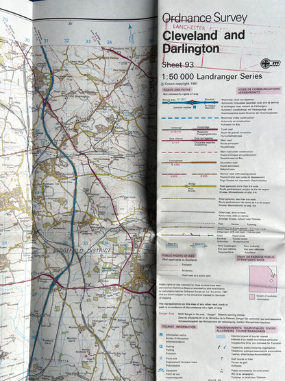 1979 or 1981 ORDNANCE SURVEY Map of CLEVELAND & DARLINGTON and Surrounding Area. SHEET 93.