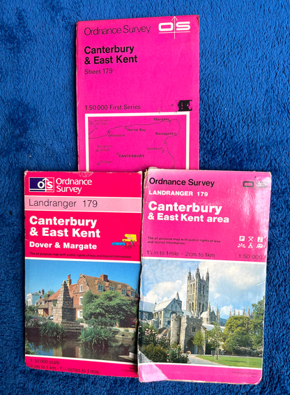 1970s - 90s Ordnance Survey Map of CANTERBURY + EAST KENT  1.25" to 1 Mile