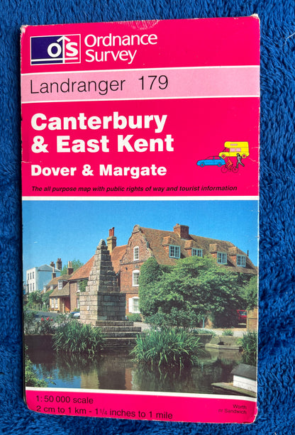 1970s - 90s Ordnance Survey Map of CANTERBURY + EAST KENT  1.25" to 1 Mile