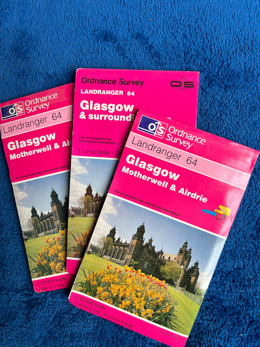1980s + 90s Ordnance Survey Map of GLASGOW, MOTHERWELL + AIRDRIE  1.25" to 1 Mile