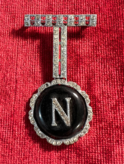 1930s Chrome and Diamante Initial "N" 7cm Brooch