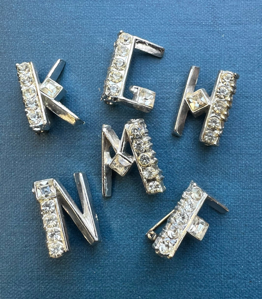 1940s Sparkly Diamante Initial Letter Brooches F, G, H, K, M  and N