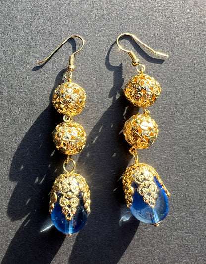 Wonderfully 1980s Blue and Gold Earrings