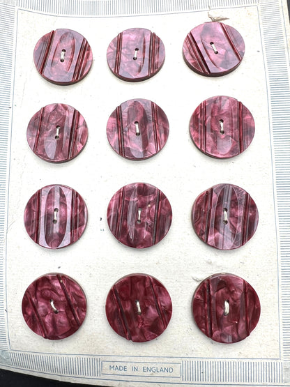Sheet of 12 Vintage 2.6cm Marbled Plum Lucite Buttons.
