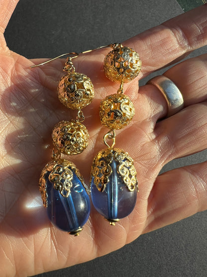 Wonderfully 1980s Blue and Gold Earrings
