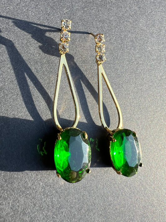 Enchanting Emerald Green and Diamante 1980s Earrings