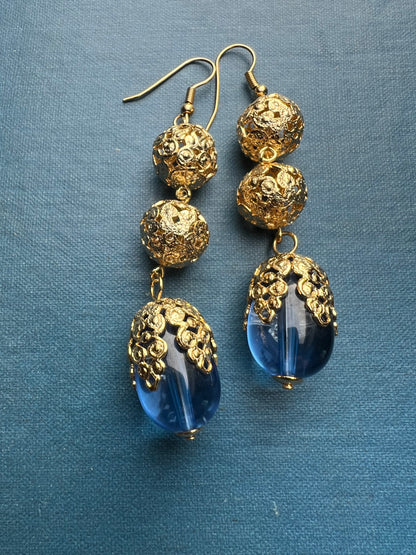 Wonderfully 1980s Blue and Gold Earrings