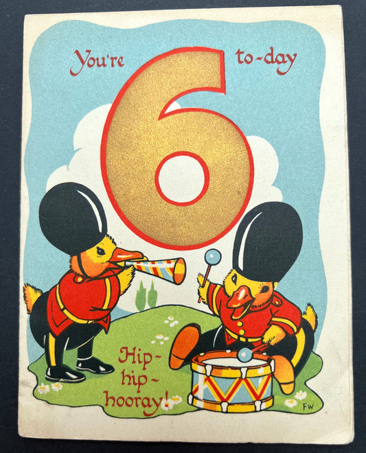 "You're 6 to-day Hip-hip-hooray" Unused 1950s Birthday Card