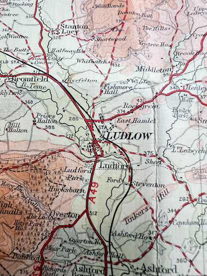 1930s/40s Bartholomews Map of SHROPSHIRE on Cloth