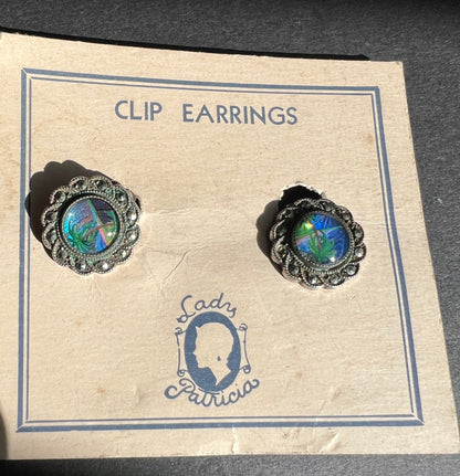 Vintage Shimmery Tropical Beach Scene set in Faux Marcasite.. Clip On Earrings