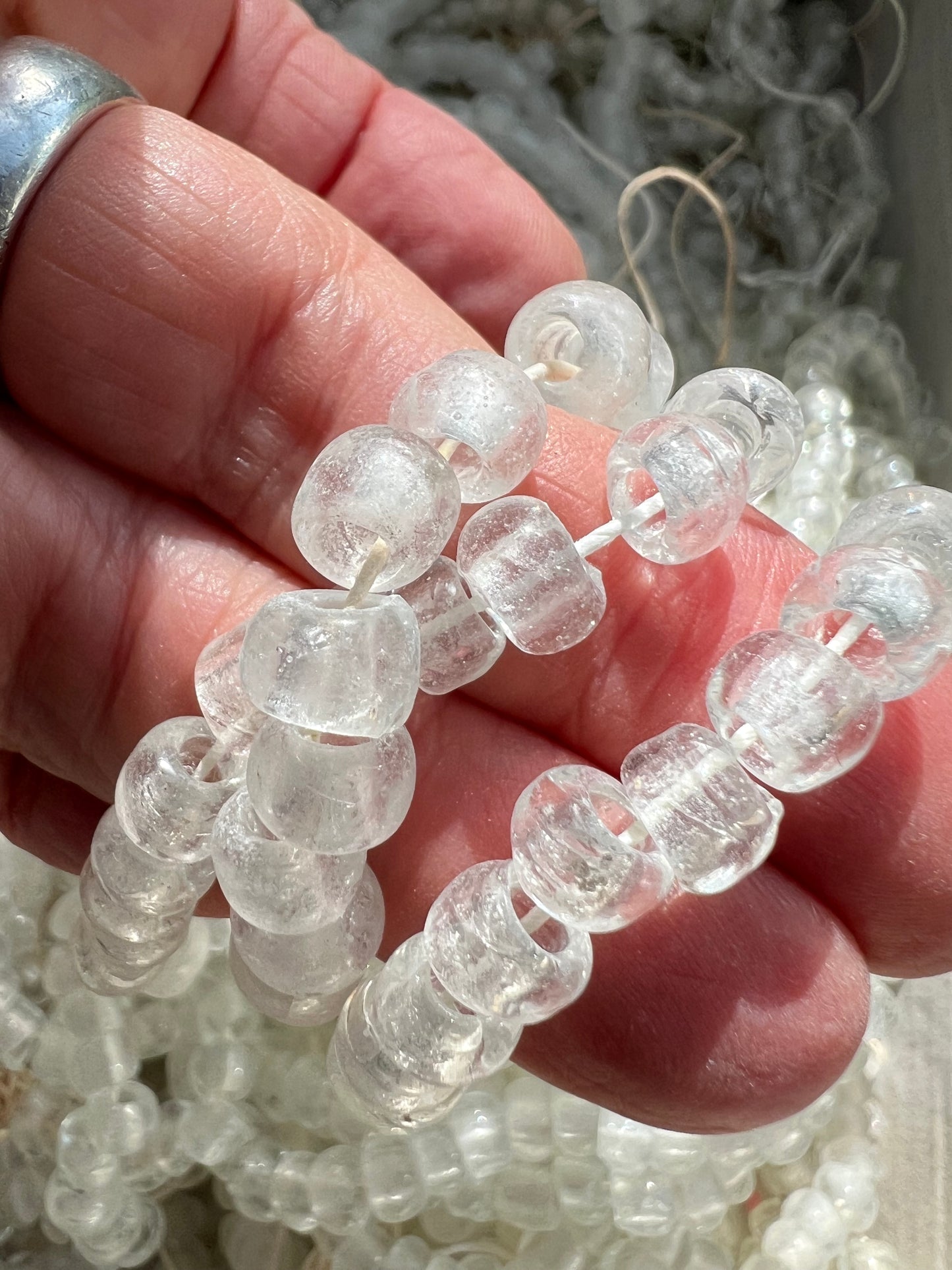 1.25kg of Vintage Strings of 3mm Hand Blown Clear Glass Beads (Some Broken Strings )