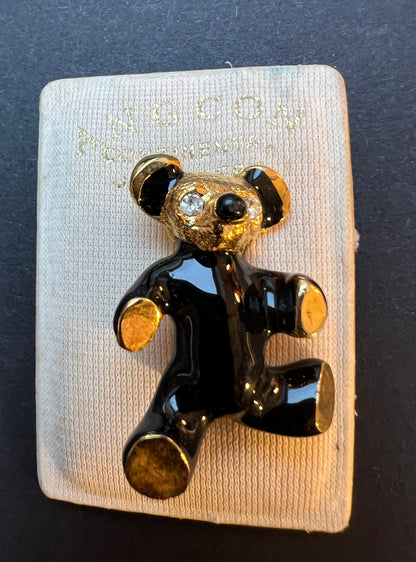 Black Enamel 1980s Teddy Bear Brooch - 4cm Tall