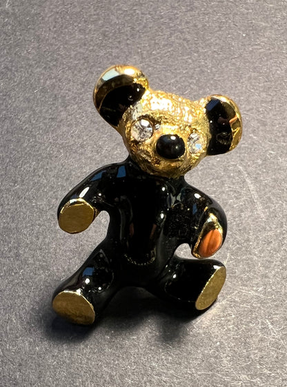 Black Enamel 1980s Teddy Bear Brooch - 4cm Tall