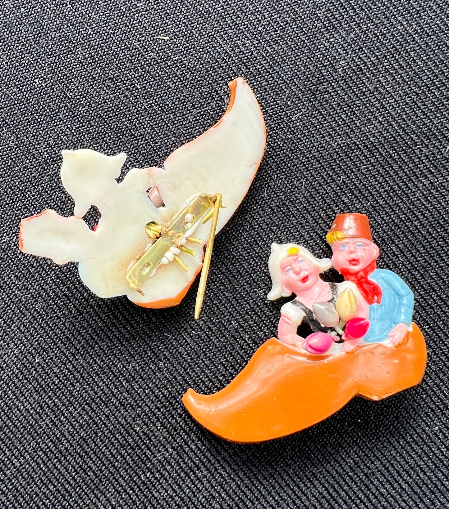 Sweet Vintage Celluloid Brooch ..Dutch Children in a Clog.