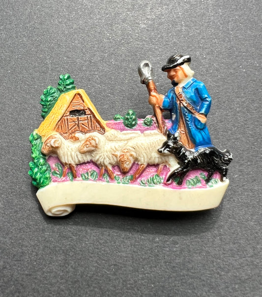 Vintage Celluloid Brooch - Shepherd and his Flock
