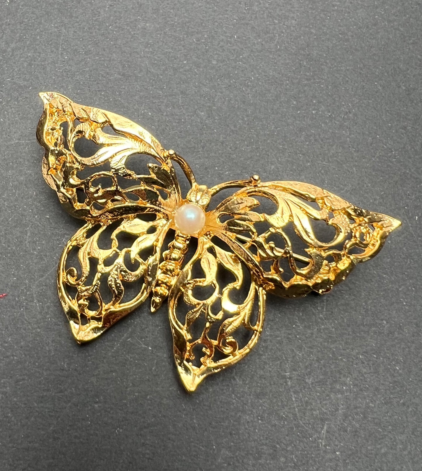Vintage 1980s Gold and Faux Pearl Butterfly Brooch