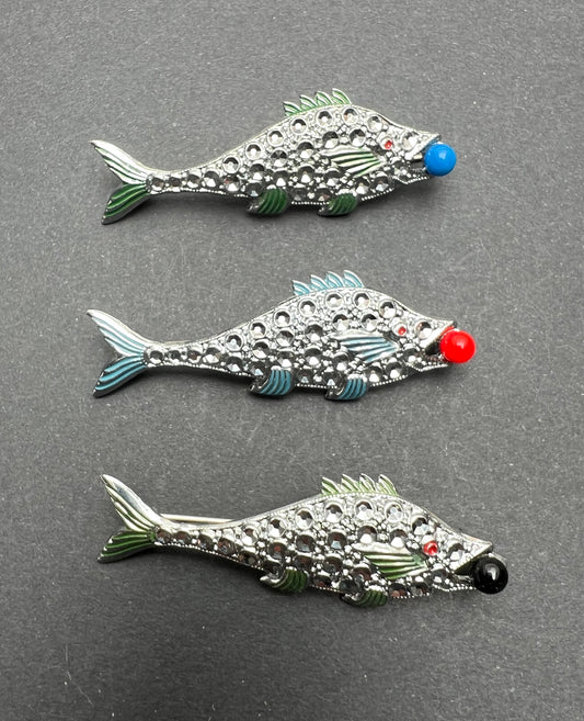 Vintage Faux Marcasite Fish with Ball Brooches