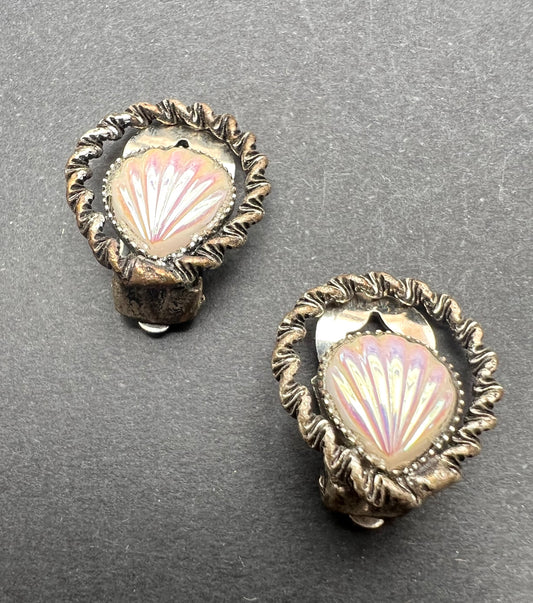 Delightful Iridescent Seashell Vintage Clip On Earrings