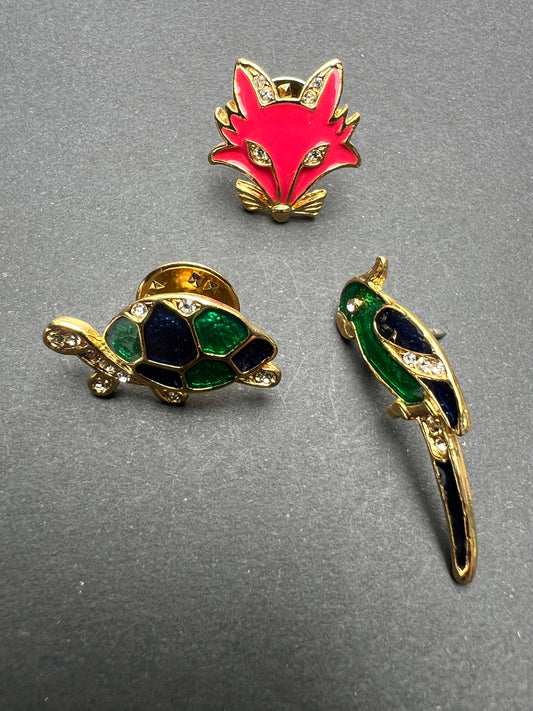 Enamel & Swarovski Crystal Decorated Little Vintage Pins Fox, Parrot or Tortoise