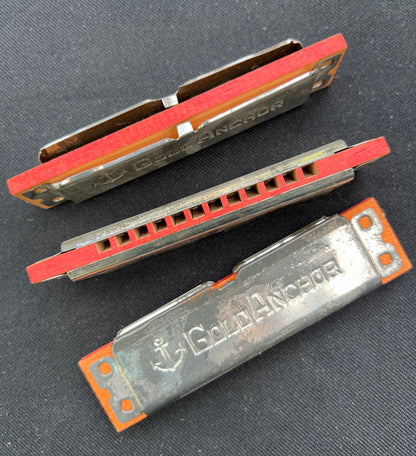 1950s Wood & Tin 11.5cm GOLD ANCHOR Harmonica Made in Japan