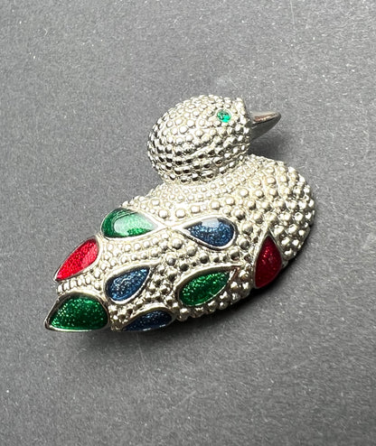 Vintage Enamel and Crystal Duck Brooch