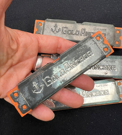 1950s Wood & Tin 11.5cm GOLD ANCHOR Harmonica Made in Japan