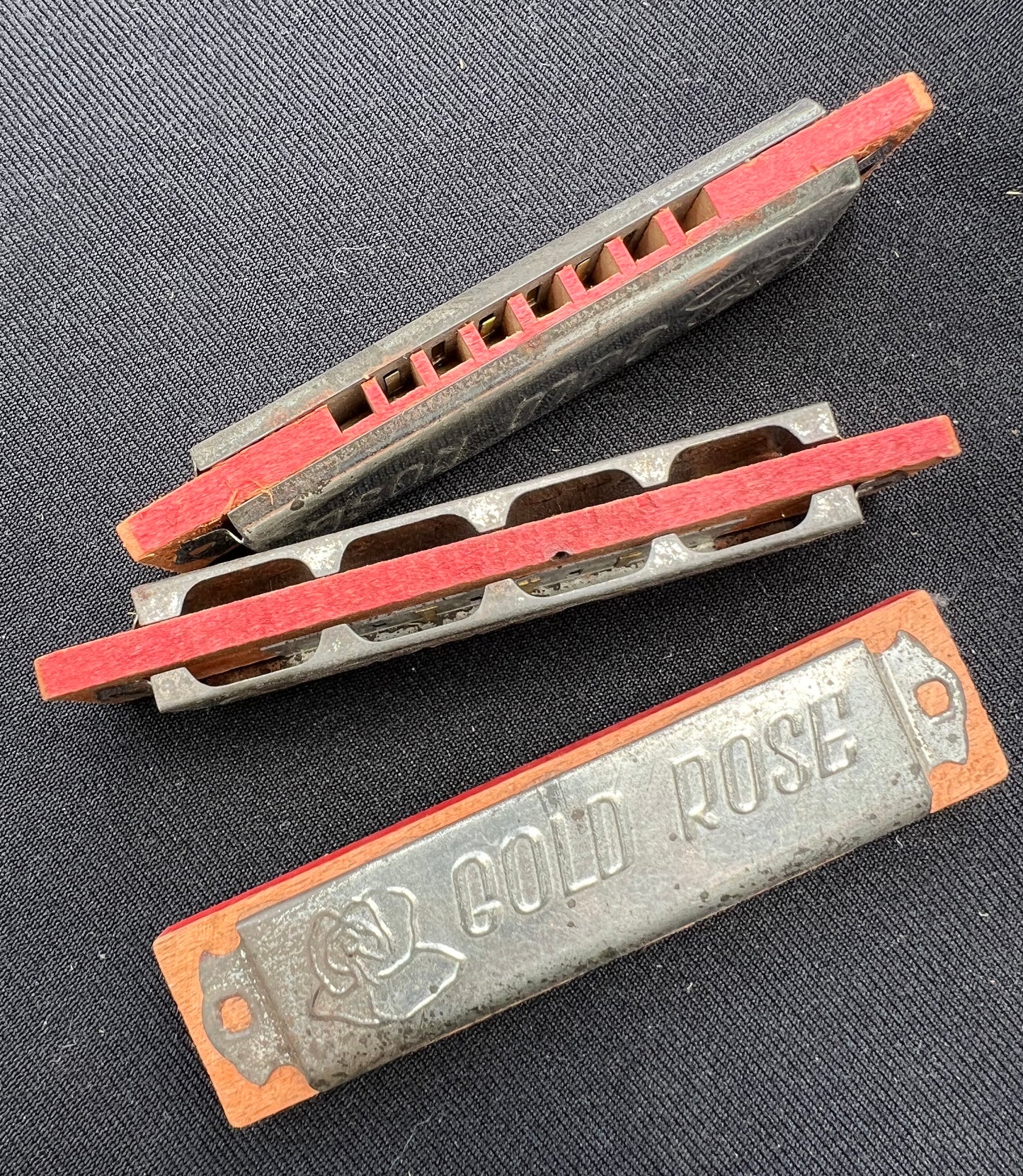 1950s Wood & Tin 10cm GOLD ROSE Harmonica Made in Japan