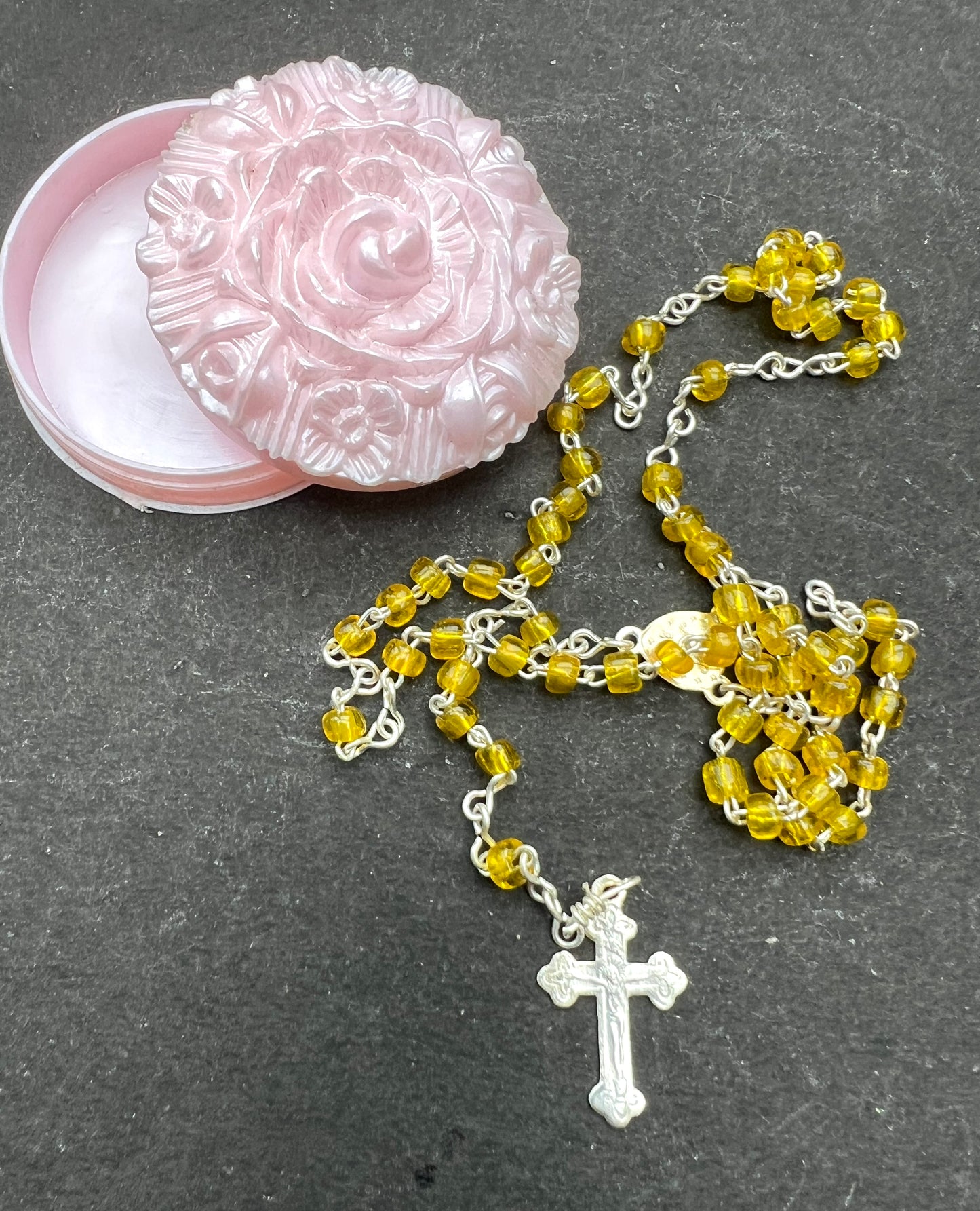 Small Vintage Yellow Glass Rosary Beads in Small Pretty Vintage Container