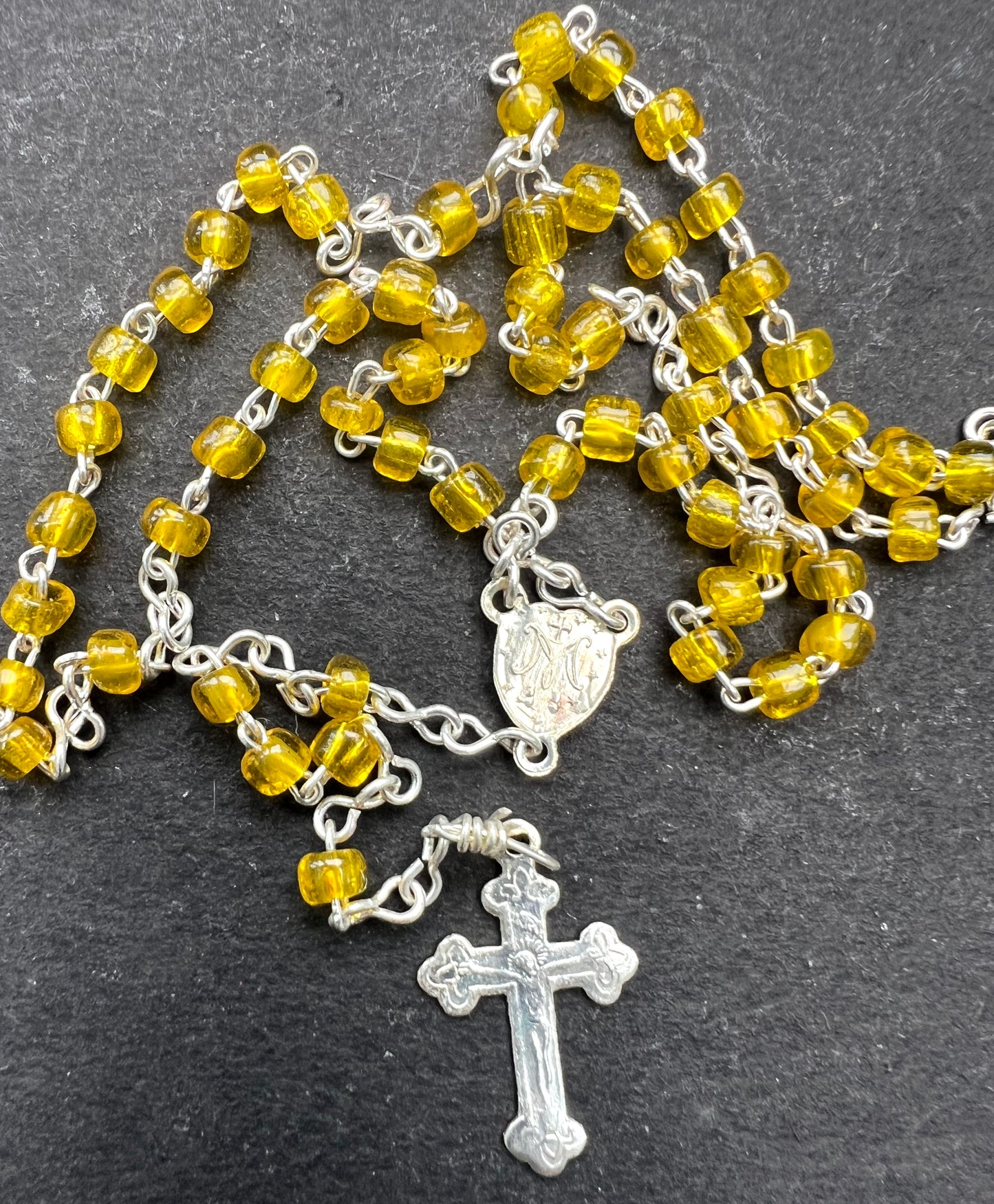 Small Vintage Yellow Glass Rosary Beads in Small Pretty Vintage Container