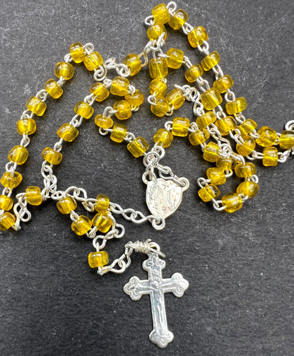 Small Vintage Yellow Glass Rosary Beads in Small Pretty Vintage Container