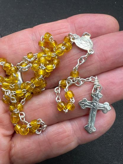 Small Vintage Yellow Glass Rosary Beads in Small Pretty Vintage Container