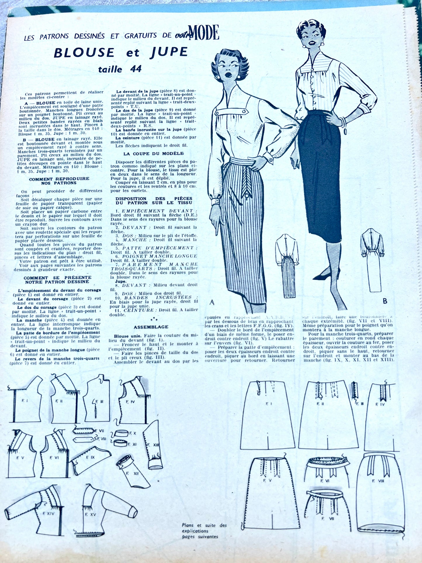 Skirt + Blouse Pattern in  29th August 1957 French Magazine Votre Mode