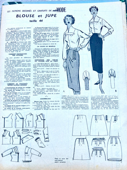 Skirt + Blouse Pattern in  29th August 1957 French Magazine Votre Mode