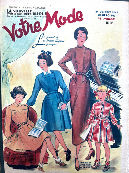 Piano Practice in 27th October 1949 French Fashion Magazine Votre Mode