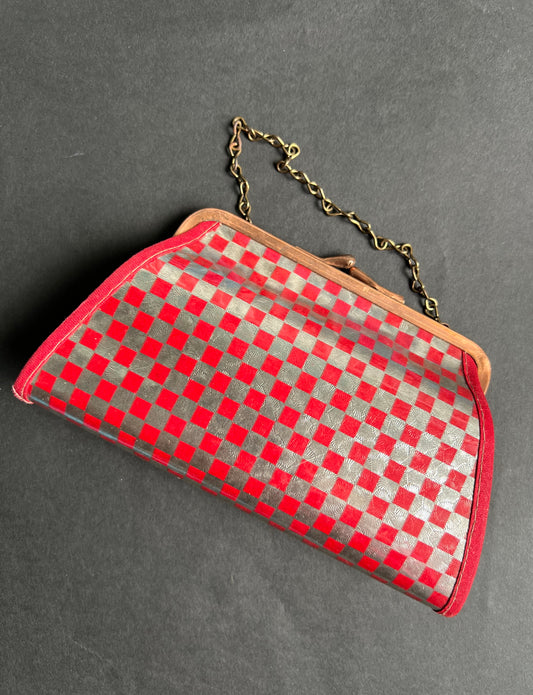 Dynamic Red and Silver Checkerboard 1940s Bag