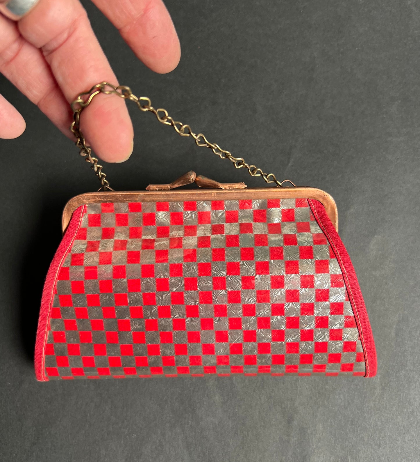 Dynamic Red and Silver Checkerboard 1940s Bag