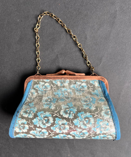 Very Pretty Silver and Blue Floral Tiny 1940s  Bag / Purse