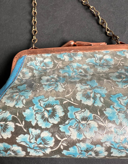 Very Pretty Silver and Blue Floral Tiny 1940s  Bag / Purse