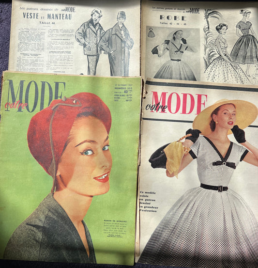 2 Copies of 1957 French Votre Modes incl. Patterns (with loose covers - split spines)