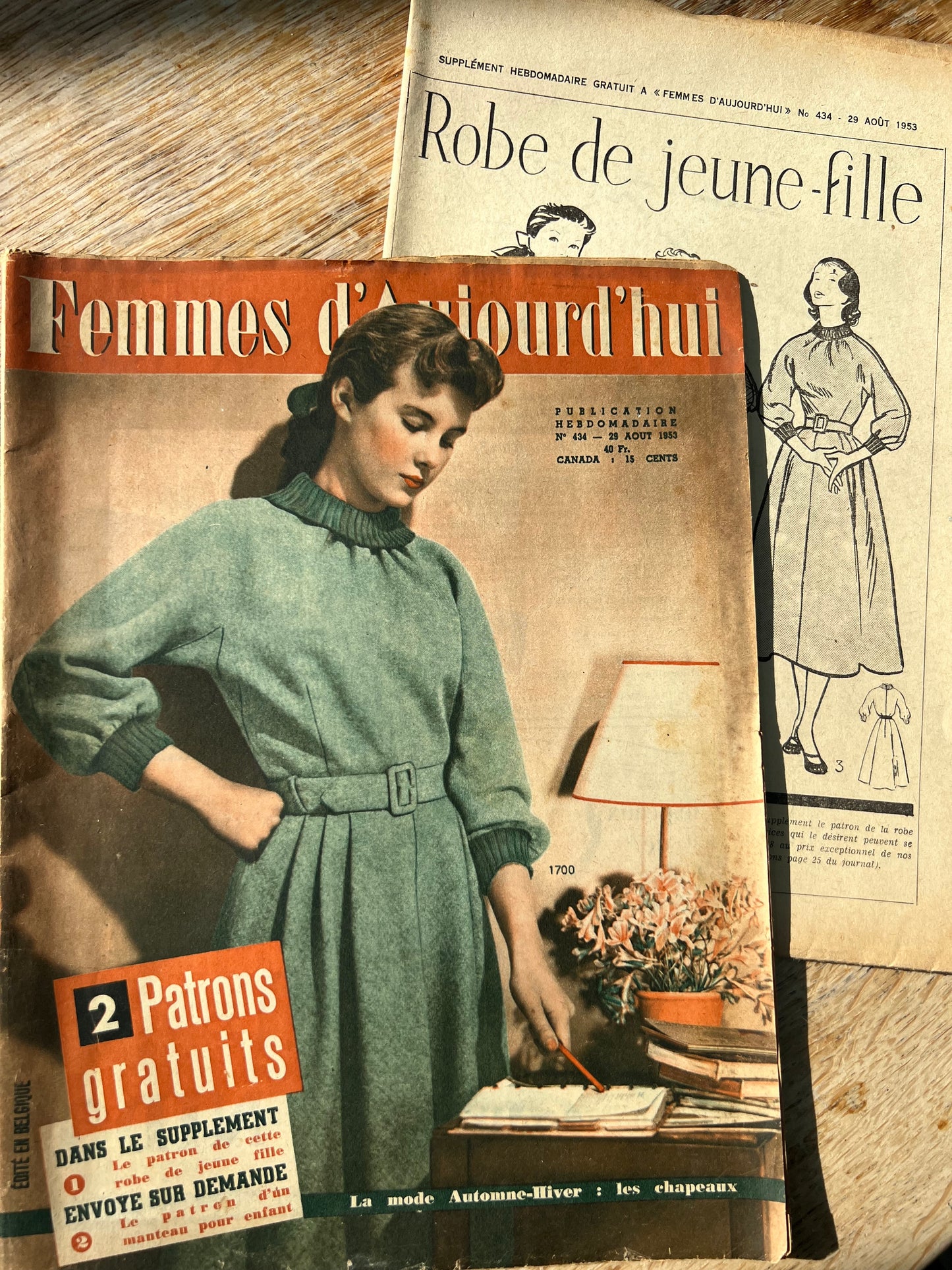 Dress and Needlework Patterns inAugust 1953 French Women's Magazine Femmes d'Aujourd'hui with Pattern