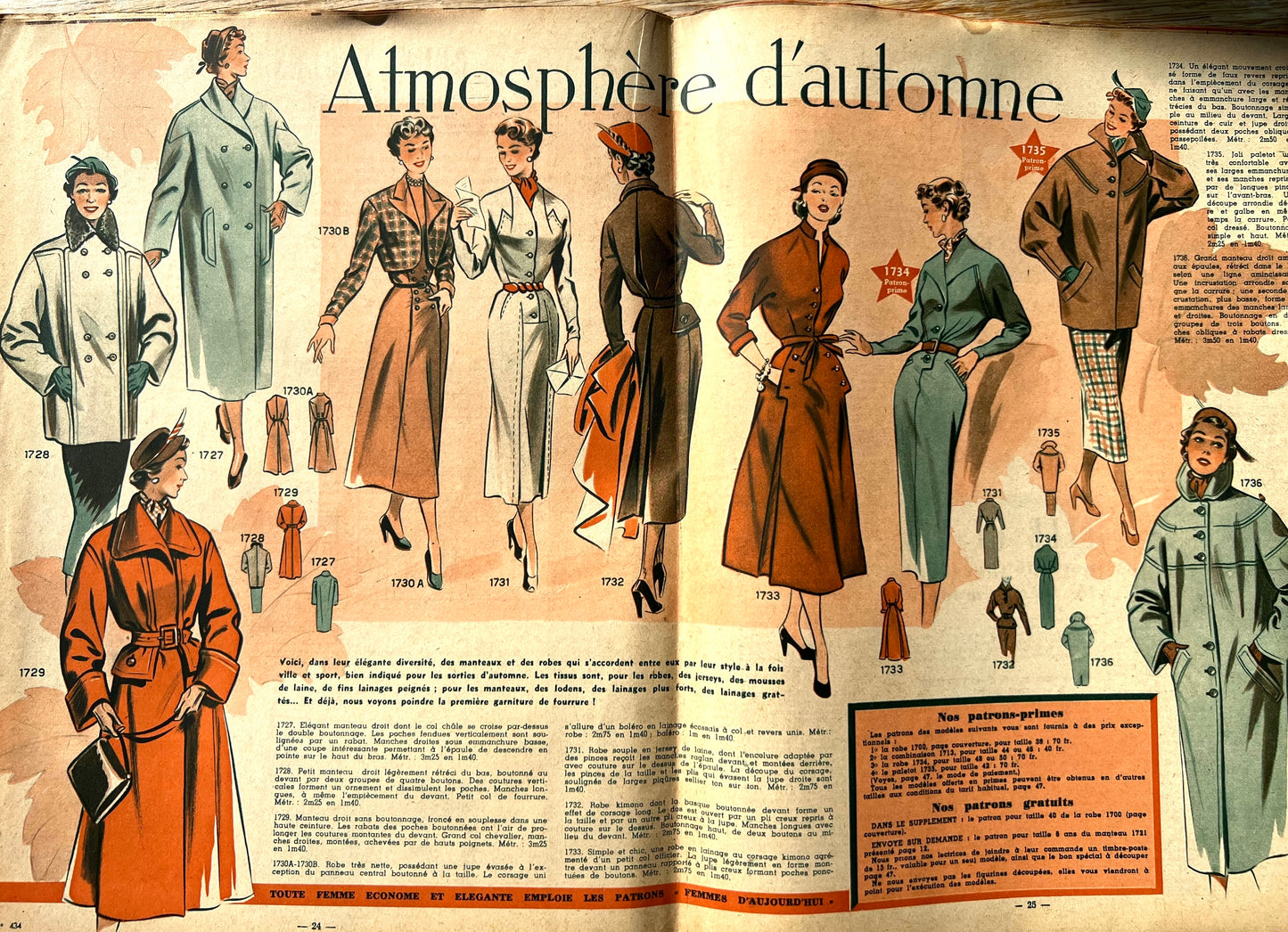 Dress and Needlework Patterns inAugust 1953 French Women's Magazine Femmes d'Aujourd'hui with Pattern