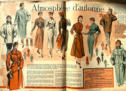Dress and Needlework Patterns inAugust 1953 French Women's Magazine Femmes d'Aujourd'hui with Pattern